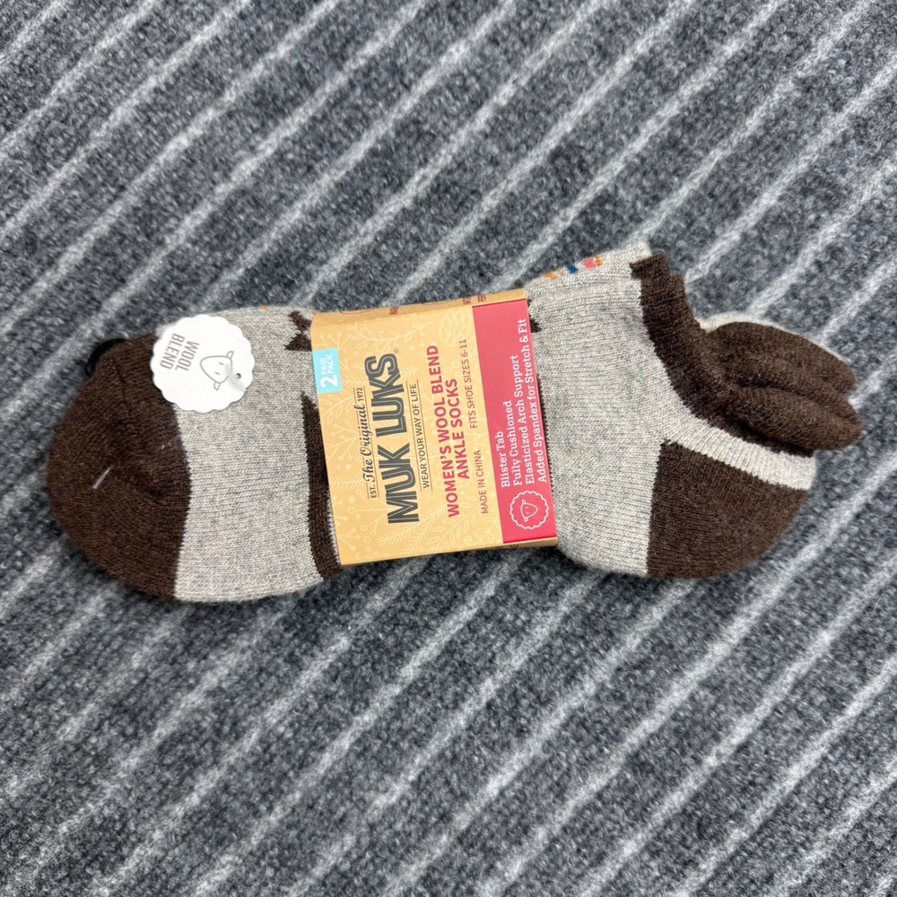 Muk Luks Womens Wool Blend Ankle Socks 2 Pair Pack Size 6-11 Brown Grey New